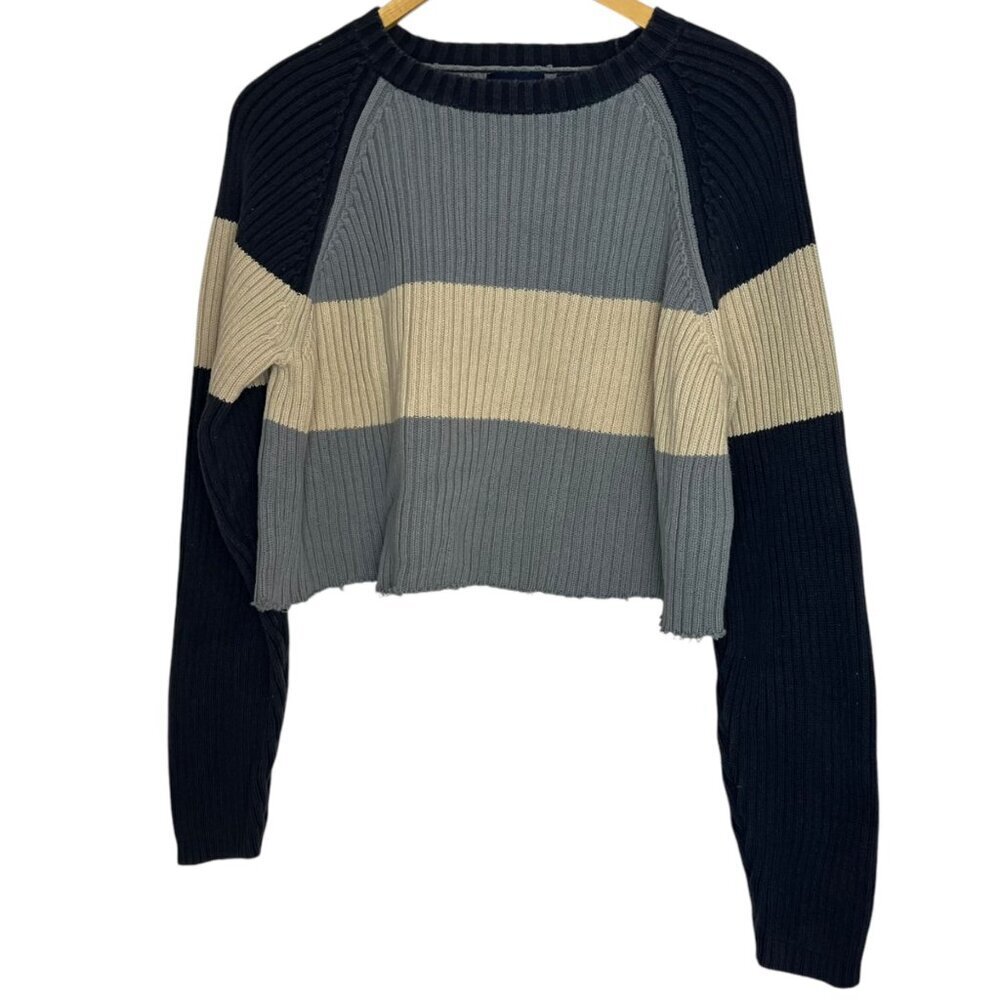 Structure Women's L Ribbed Knit Crop Sweater Multi Blue Chunky Stripe‎ Nautical